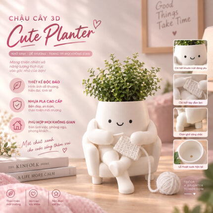 Chậu Hoa Gấu Ngồi Vân Len Đan In 3D Dễ Thương