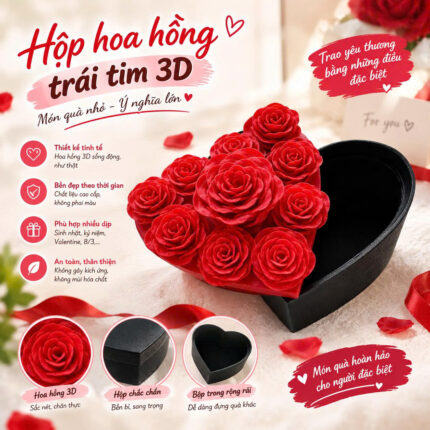 Hộp Hoa Hồng Trái Tim In 3D Đựng Quà Trang Sức Tặng Valentine